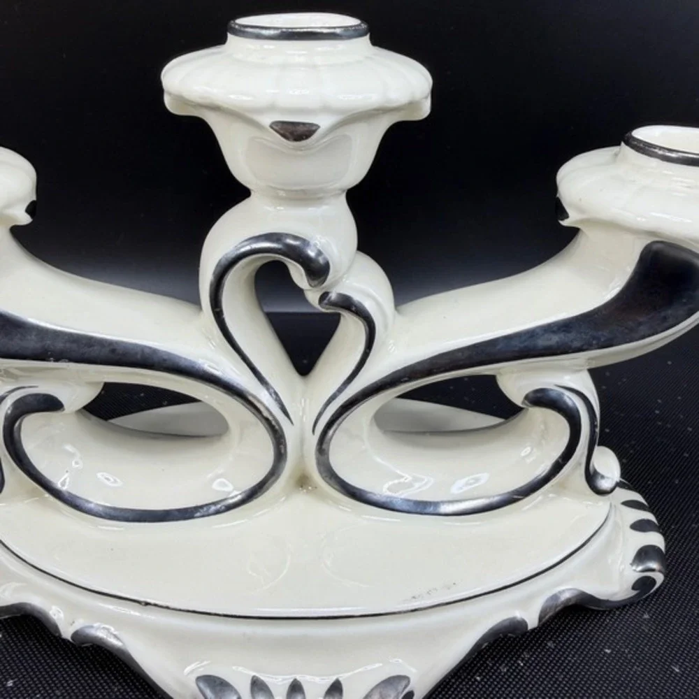 Mitterteich Bavaria Porcelain 3 Light Candelabra Silver Trim Cream 5.5x9 Vintage
